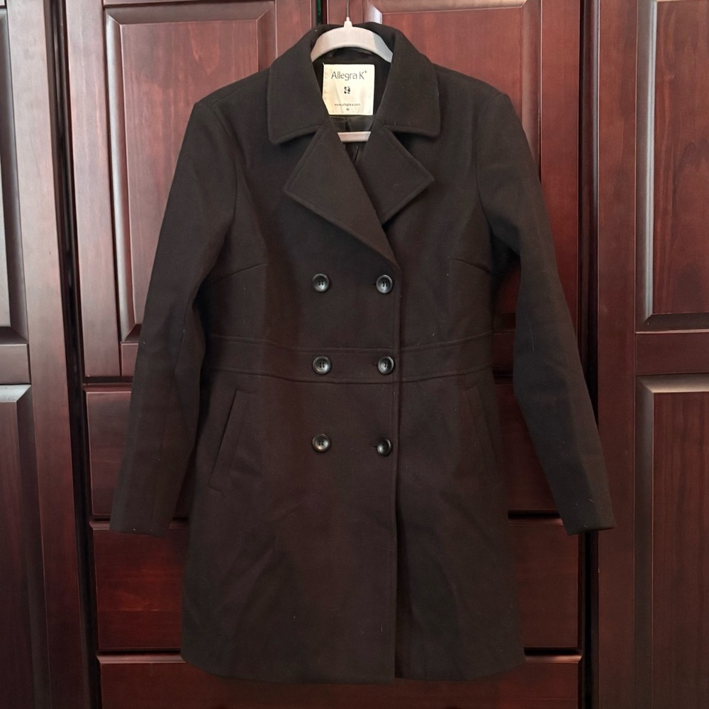 Allegra K Women's Notched Lapel Long Sleeves Double Breasted Mid-Length Coat - Picture 10 of 13